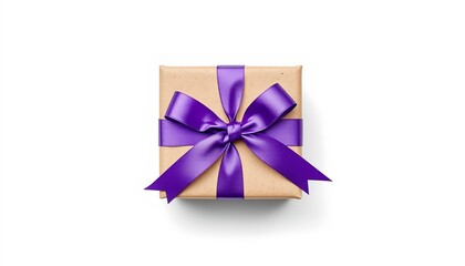 A beautifully wrapped gift box adorned with a vibrant purple ribbon on a clean white background, symbolizing awareness and support.