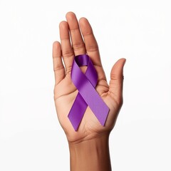 A hand holding a purple awareness ribbon on a clean white background, symbolizing support for various social causes and health awareness campaigns.