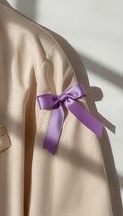 A purple ribbon tied to a beige jacket sleeve, symbolizing awareness and solidarity