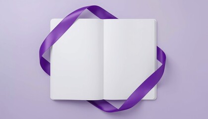 A purple ribbon wrapped around an open book on a light purple background, symbolizing awareness and support for various social causes.
