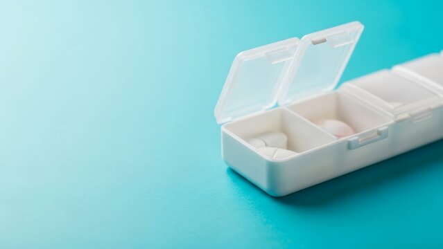 Pill box with open lid and compartments on a blue background from a high viewpoint