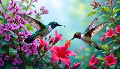 Obraz premium Two Hummingbirds Feeding Amid Vibrant Blooming