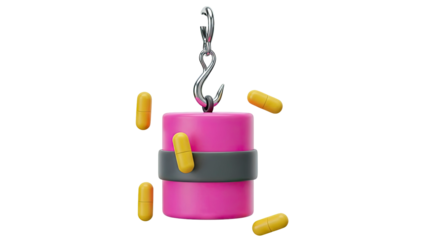 Crane lifting pink cylinder with pills and hook