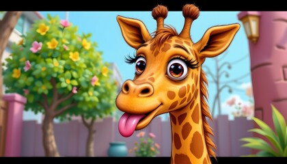 Obraz premium Playful Cartoon Giraffe Cheerful Outdoor Scene