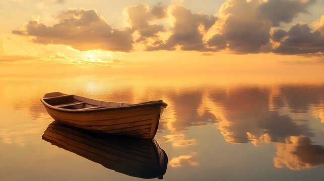 A small wooden boat sits alone in a calm lake at sunset, the golden light reflecting in the water.