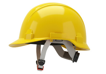 Yellow industrial safety hard hat with internal suspension system, isolated on a transparent background. Concept of workplace safety and protection