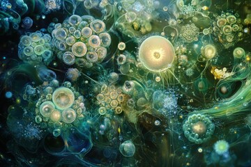 Intricate microscopic organisms in a vibrant aquatic environment.