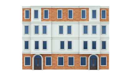 Three-story building facade with red brick and cream panels, arched entrances