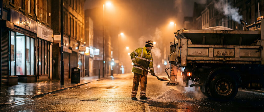 Road maintenance worker shoveling salt from truck on wet night city street. Municipal service man spreading grit during night shift in winter fog