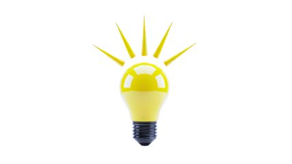 Yellow light bulb with radiating beams against a white background