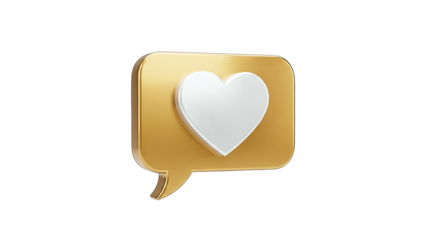 3D Golden chat bubble with white heart icon on transparent background