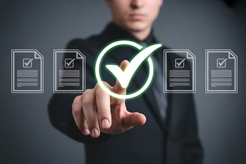 Digital checklist and approval workflow showing business document validation and task tracking system for decision making, process optimization, and quality verification with high efficiency