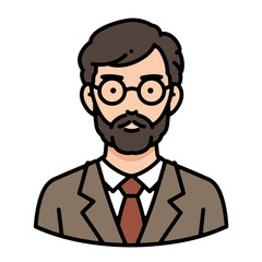 A cartoon illustration of a man with glasses and a beard in a business setting from a frontal viewpoint