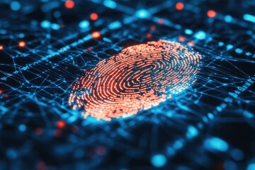 A vibrant red fingerprint illuminates a dark