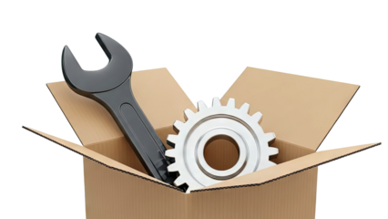 Cardboard Box with Wrench and Gear