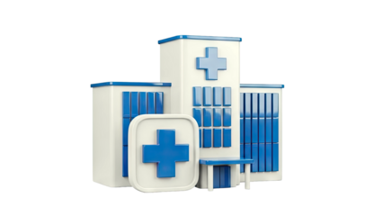 3D Render of a Stylized Hospital Building with Blue Crosses