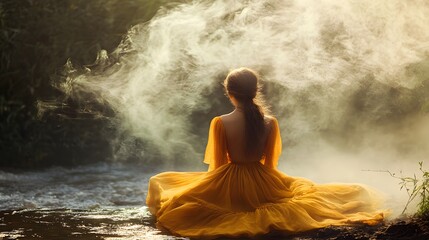 Obraz premium A woman in a yellow dress sits on the edge of a river, her back to the camera. The river is flowing gently and there is a cloud of smoke in the background.