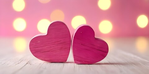 A couple of tiny pink wooden hearts made by hand, set against a backdrop of bright bokeh lights.
