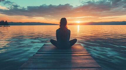 A woman sits in a meditative pose on a wooden dock overlooking a lake at sunset.