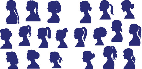 Blue female profile silhouettes with diverse hairstyles including braids, buns, curls, and ponytails in grid layout for fashion and identity illustration