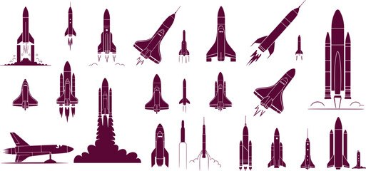 Rocket and space shuttle silhouettes set showing spacecraft launch, rockets and boosters, space exploration and aerospace technology icons illustration isolated on white background © Hasem Creative