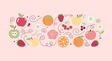 Delightful Fruit and Floral Vector Illustration on Light Pink Background for Creative Design
