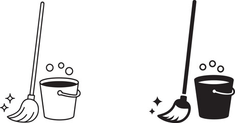  Cleaning Mop Outline and Solid Vector Icon Isolated on White Background. Vector Symbol for Housekeeping. © Monoara