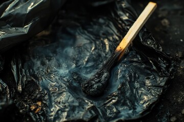 Burnt matchstick on charred plastic debris.