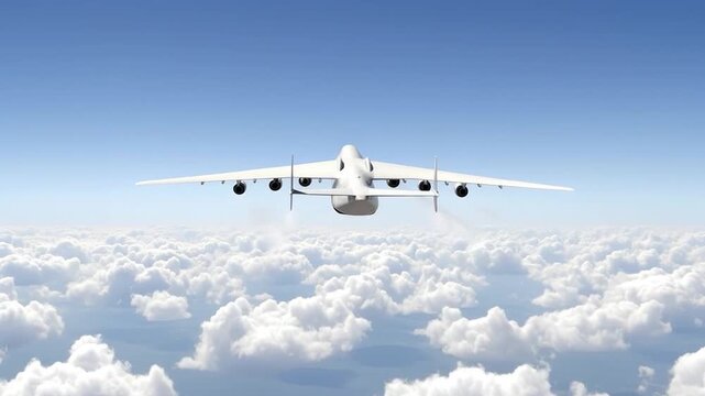Rear view of Antonov An-225 Mriya aircraft flying over white clouds, twin tail design of the world largest cargo plane in mid-air, heavy transport aviation and aerospace technology.