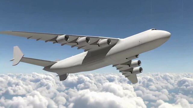 Underwing View of Antonov An-225 Mriya Six Engines and Massive Wing Structure, White Strategic Cargo Aircraft Flying High, Aviation Heavy Industry and Aerospace Engineering Concept