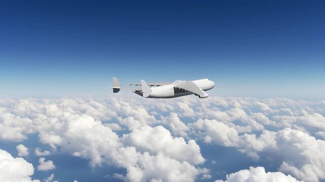 Distance View of White Antonov An-225 Mriya Massive Cargo Plane Cruising Above Clouds, World's Largest Strategic Airlifter Transporting Goods Globally, Wide Angle Aviation Photography