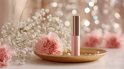 Elegant Pink Tube on Gold Plate Surrounded by Delicate Flowers and Bokeh Background