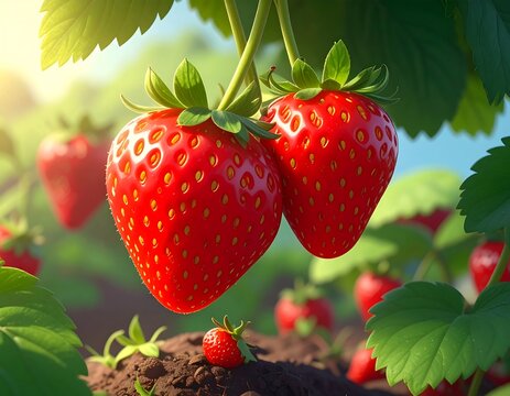 Close-up of ripe, red berries growing on lush green plants - Powered by Adobe
