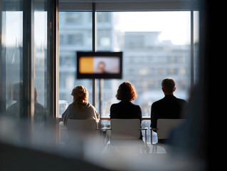 Online Meeting Concept with Business Silhouettes in Front of Presentation Screen