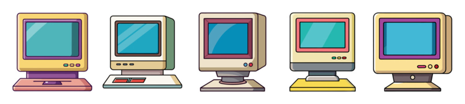 Collection of five retro personal computer monitors with colorful screens