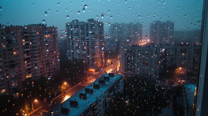 Rainy Night Cityscape Viewed Through a Window