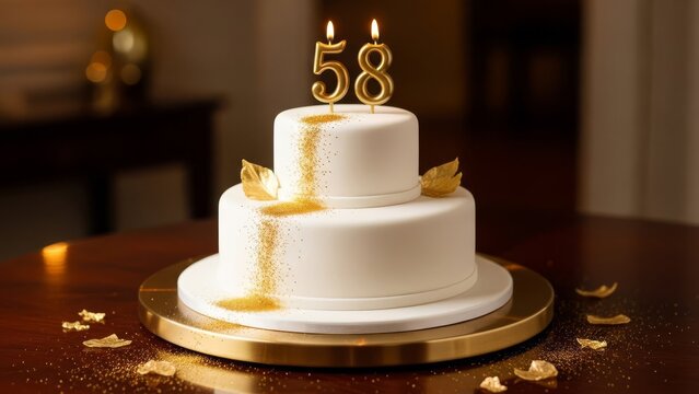 Elegant Anniversary Birthday Cake with Gold Number 58 Candles and Luxury Glitter
