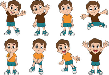 Cartoon character sheet illustration showing multiple poses expressions and design views for animation game design comic and mascot projects