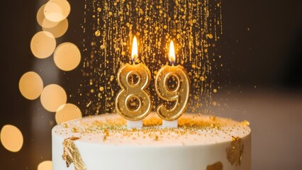 White Birthday Cake with Gold Number 89 Candles and Dramatic Golden Rain