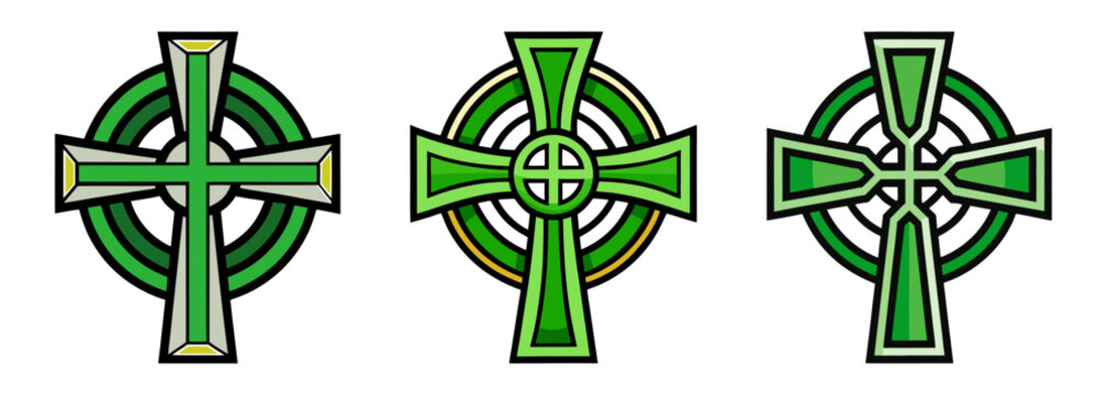 Three stylized green Celtic crosses on a white background