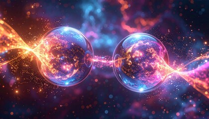 Entangled particles in a cosmic dance with vibrant energy.