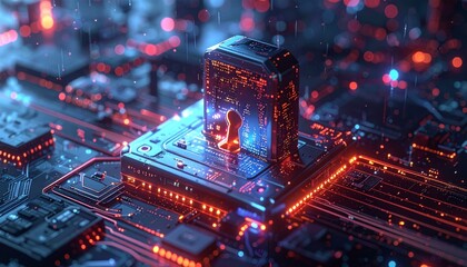 Futuristic digital circuit board with glowing red and blue lights.