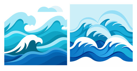 Abstract blue ocean wave patterns with white foam