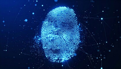 Blue fingerprint with digital connections and particles.