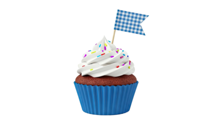 Chocolate cupcake with white frosting, sprinkles, and a gingham flag