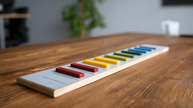 A colorful set of rectangular blocks arranged sequentially on a wooden board on a table - Powered by Adobe