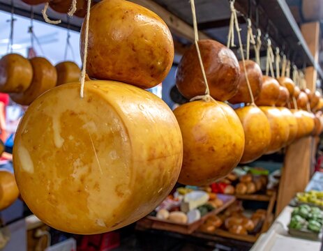 Close-up of smoked cheeses hanging from strings, market display
