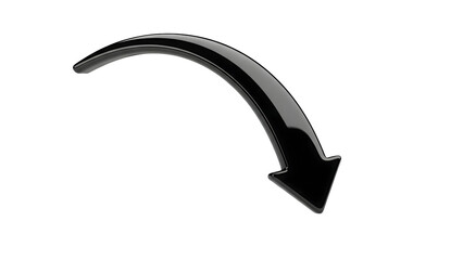 A glossy black arrow curves downwards against a dark background indicating direction or decline