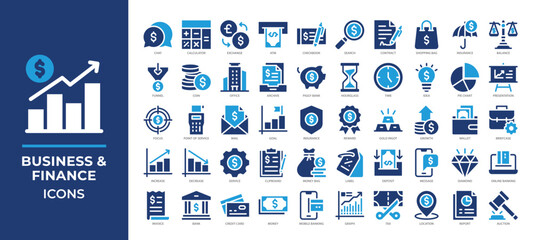 Business and finance icons set collection, featuring banking, investment, accounting, payments, growth, contracts, and corporate communication for web, app, and marketing use.