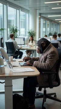 Primate in office environment with robotic arm at desk